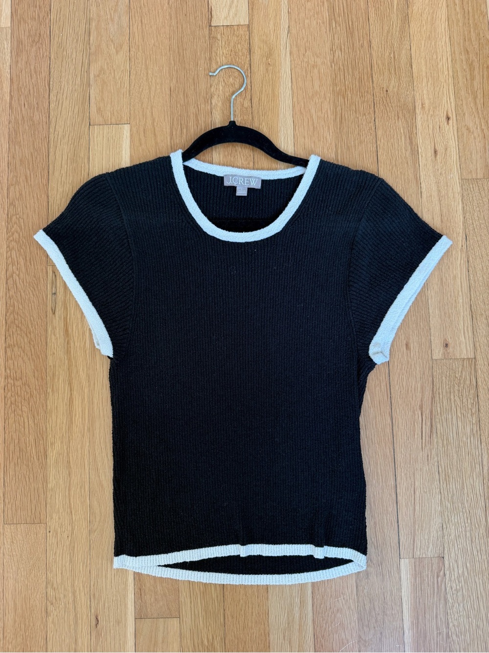 J. Crew Black Short Sleeve Knit Top with White Trim